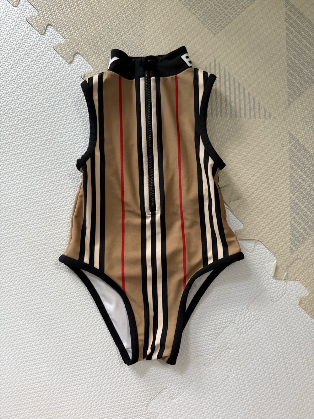 Burberry Tan Striped Kids One-Piece with Black Trim